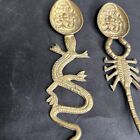 Pair Of Antique Brass Indian Krishna Temple Spoons Lizard   Scorpion Handles