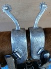 Vintage Engraved Sterling Silver Wide Band Off Set Angle Horse Spurs With Straps