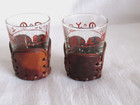 2 Vtg 1 Oz Libbey Bamco Western Texas Longhorn Leather Wrapped Shot Glasses