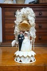 Antique Art Deco Bride Groom Wedding Topper Flowers Sculpture Bell Lace Stand