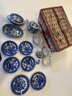 Vintage Occupied Japan Blue Willow 16pc Child   s Tea Set W  Wicker Picnic Basket