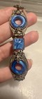 Antique Art Deco Czech Blu Glass Silver On Brass Filigree Bracelet 7 5 