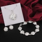 925 Sterling Solid Silver Rose Flower Necklace Bracelet Earring Ring Jewelry Set