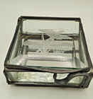 Vintage Hinged Glass   Metal Trinket Jewelry Box Etched Bird Glass Bottom 3x3 