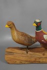Vintage Hand Carved Wood Pheasant Pair Sculpture Folk Art Driftwood Base