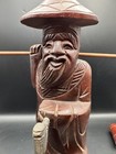 Hand Carved Wood Asian Man Sculpture Stick Notched Carries 2 Buckets Smokes Pipe
