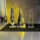 Lot Of 3 Clear Crystal Paperweights - Obelisk   Pyramid Shapes