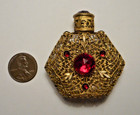 Old Czechoslovakian Red Jeweled Gold-tone Filigree Small Perfume Bottle W Dauber