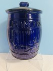 Vtg Rare Planters 12   running Mr  Peanut cobalt Blue Glass Barrel Jar printed Lid