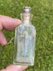 Antique Embossed Glass Holy Water Cross Bottle Flat With Cork   Metal Stopper