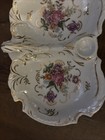 Japanese Handpainted Flowered Divided Dish  Porcelain Gold Accent Small Handle