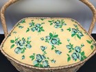 Vintage Wicker Sewing Basket With Floral Top With Lots Of Sewing Notions 