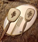 Vintage Gold Vanity Tray Mirror Brush Comb Set Ornate Floral Hollywood Regency