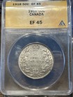 Beautiful 1918 Canada 50 Cents Silver Coin  Anacs Graded  Ef-45 