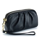 Large Capacity Womens Leather Double Zipper Clutch Wallet Handbag With Wristlet