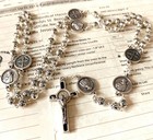 Silver Rose Beads St benedict Italy Rosary   Crucifix Cross Catholic Necklace