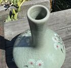 Vintage Korean  Chinese  Celadon Chrysanthemum Inlay Crackled Vase Signed H 5   