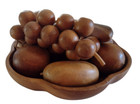 Vtg Mcm Monkey Pod Wood Bowl With 11 Pieces Of Wooden Fruit