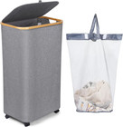 Wheeled Laundry Hamper With Lid  100l Large Grey Clothes Basket Bamboo Handles