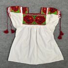 Vintage Mexican Womens Top Blouse White Floral Folk Boho Embroidered Mexico