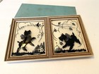 Vtg Pair Reverse Painted Black Scottie Dogs Convex Glass Pictures Original Box