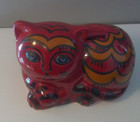 Ceramic Magenta Italian Cat Coin Bank Paws Crossed Blue Eyes Eyebrows Eyelashes