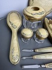 Antique 1920s Yellow Marbled Vanity Dresser Set Painted Flowers 13 Pc Mirror