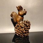Vintage Carved Wooden Cute Squirrel Figurine Wood Statue Boxwood Pinecone Gift