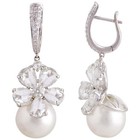 White Pearl Dangle Earrings Floral Accent Leverback Drop Jewelry 925 Silver Gift