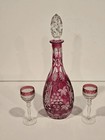 Lead Glass Cranberry   Clear Cut Decanter Set W stopper   2 Glasses