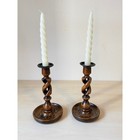 Antique English Oak Open Barley Twist Candlesticks Pair Wooden Candle Holders