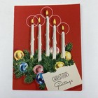 Vintage Mid Century Christmas Greeting Card White Candles Ornaments Pink Blue