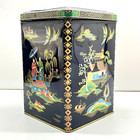 Vtg Daher Blue Hinged Tea Biscuit Tin Asian Family Japanese Garden Pagoda Birds