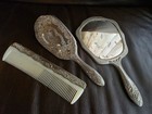 Vintage Antique Silver Plated Handheld  Mirror Brush And Comb  Set Heavy Vanity