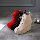 New Women Round Toe Platform Wedge Heels Lace Up Ankle Boots Shoes Plus Size