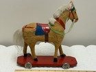 Vintage German Horse Pull Toy Tan Fabric Mohair Mane Wood Base Metal Wheels