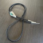 Native American Signed Ap Vintage Malachite Sterling Silver Leather Bolo Tie