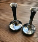 2 Antique Japanese Etched Mixed Metal Vases Mt  Fuji Pagoda  Sailboat Beautiful 