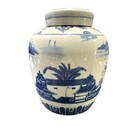 Antique Chinese Porcelain Ginger Lidded Jar Landscape Chinoiserie Blue White