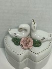 Vintage Porcelain Double Swan Double Heart With Rose   Gold Accents Trinket Box