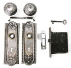 Antique Door Set Victorian   Eastlake Backplate Knob Mortise Lock Key Reclaimed
