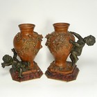 Antique French Bronze Vases Signed Auguste Moreau Pair Putti Figures Red Marble