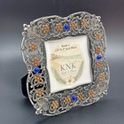 Picture Frame Ornate Filigree Rhinestone Pewter Tone 3 5x5 Silver Blue Amber Vtg