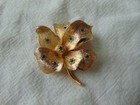 Vintage Kramer Signed Gold Plated Tiny Clear Green Crystals Stylized Leaf Brooch