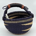 African Ghana Bolga Market Basket Handwoven Leather Handle Navy Natural Boho Nwt
