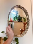 Vtg Oval Ornate Filigree Gold Tone Metal Mirror Vanity Dresser Tray 13x9 5