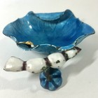 Rare Vtg Chinese Blue Enamel Copper Dish Lotus Pod Blossom Frog Snail
