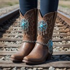 Women 2pcs Silver Metal Boot Chain Shoe Anklet Set Turquoise Flower Charm Pair