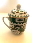 Chinese Porcelain Lidded Mug Cup Hand Painted Green Dragon Gold Accents Vintage 