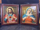 Antique Jesus   Mary Sacred Heart Color Lithograph Art Prints C1880s Frame Glass